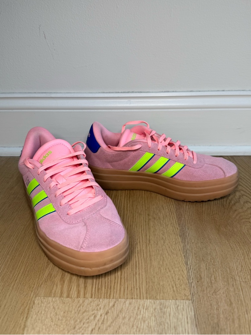 adidas Pink Suede Platform Sneakers with Neon Green Stripes